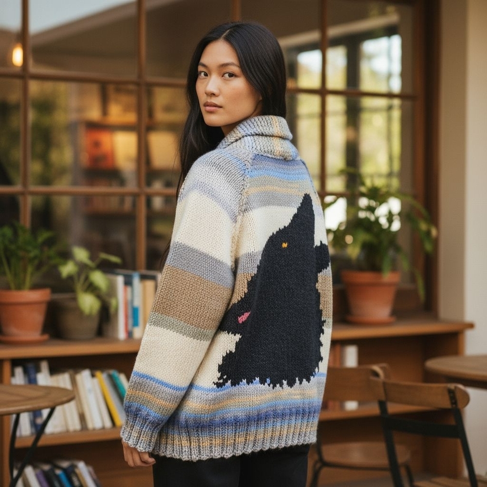 Cozy Striped Sweater with Wolf Design